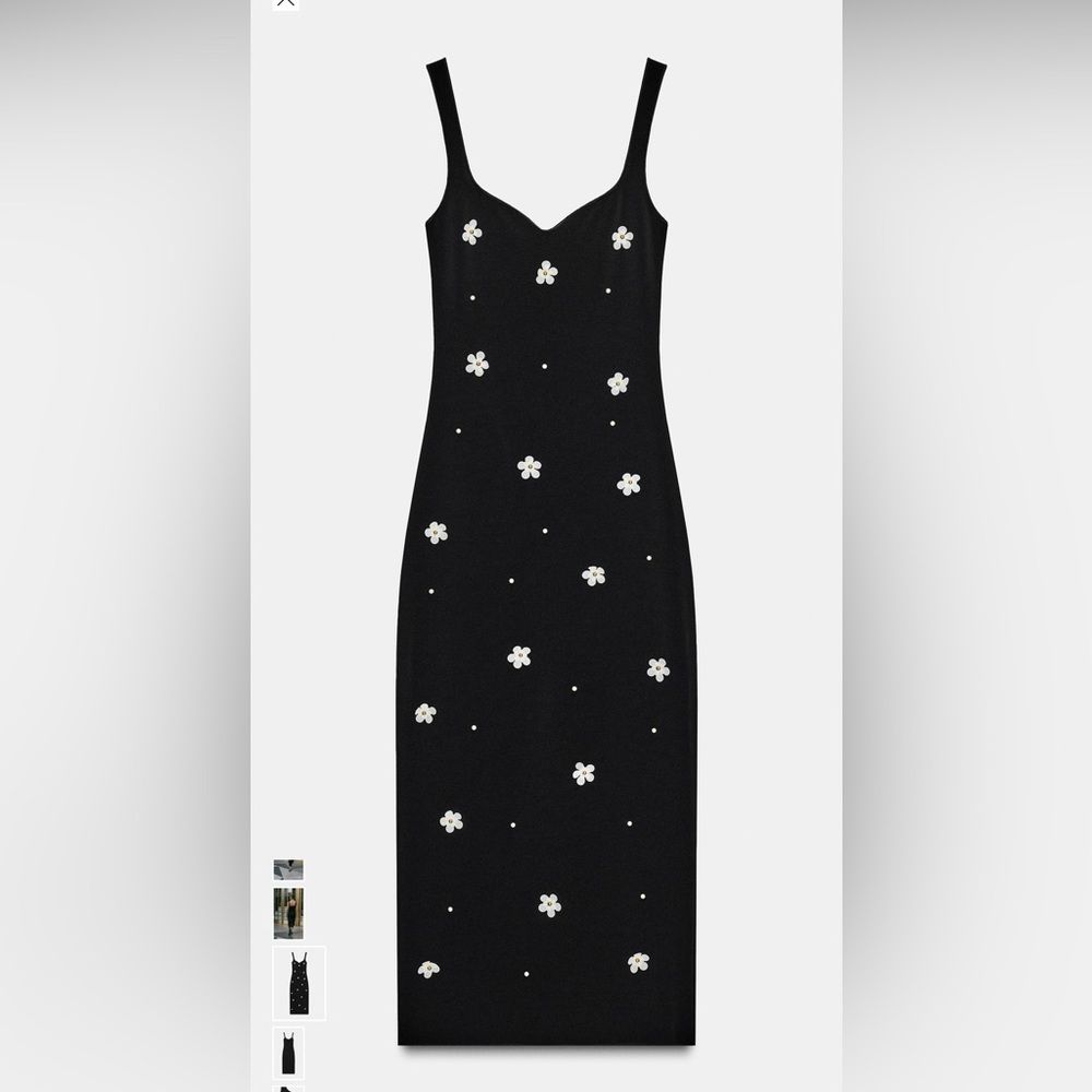Zara Black Midi Dress with White Floral Details. Floral stretch midi. Nwt